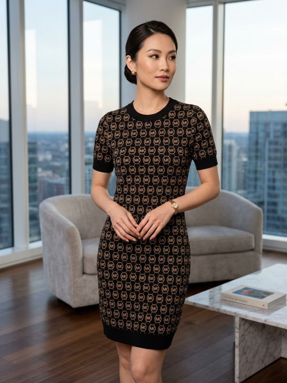Michael Kors Black Dress with Gold Logo Jacquard